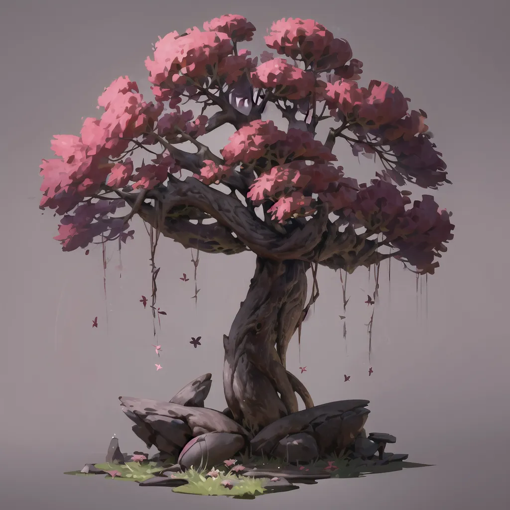 The image is a digital painting of a cherry blossom tree. The tree has a large, gnarled trunk and branches that are covered in delicate pink blossoms. The leaves are a light green color. The tree is set against a pale gray background. There are some rocks and grass at the base of the tree. The painting is done in a realistic style and the artist has used a variety of techniques to create a sense of depth and texture.