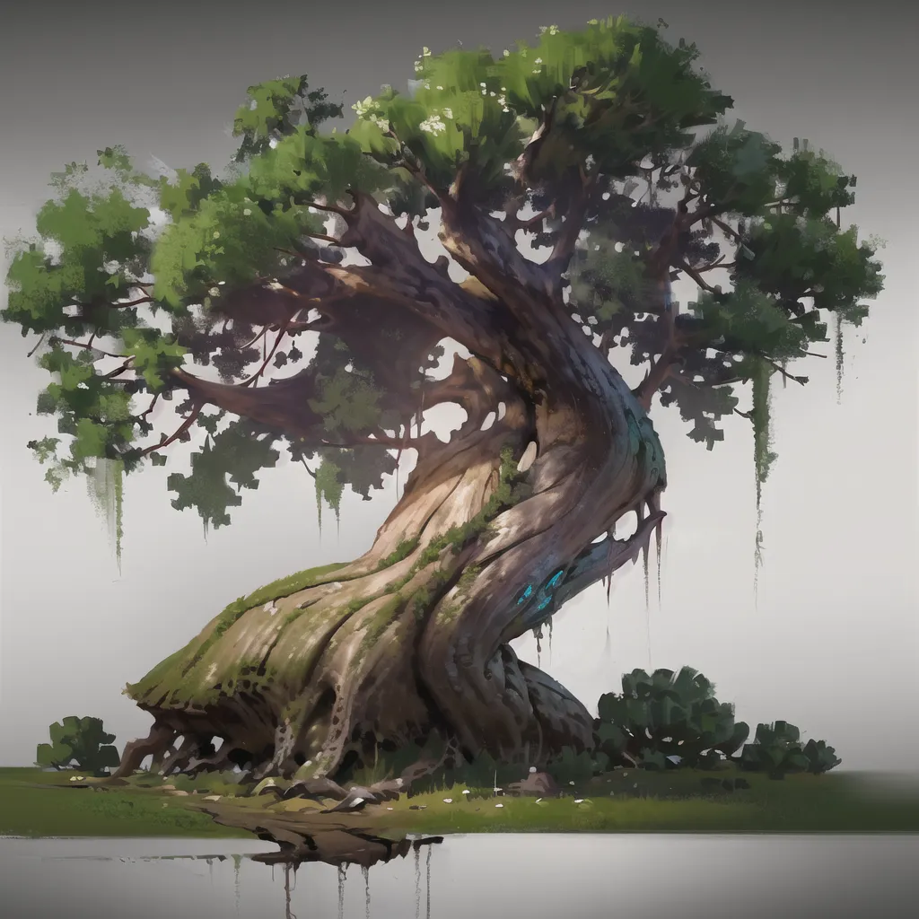 The image is a digital painting of a large, ancient tree. The tree has a thick, gnarled trunk and long, drooping branches. Its leaves are a deep green color. The tree is surrounded by a lush green forest. There is a small blue crystal embedded in the trunk of the tree near the ground.