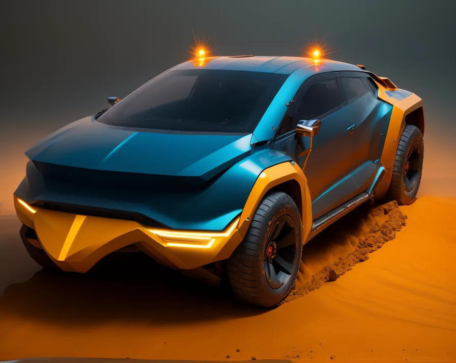 The image shows a futuristic car in the desert. The car is blue with yellow headlights and yellow accents on the front and sides. It has large black wheels and a roof rack with yellow lights. The car is surrounded by sand and there is a large dune in the background. The sky is dark and there are no other cars in sight.