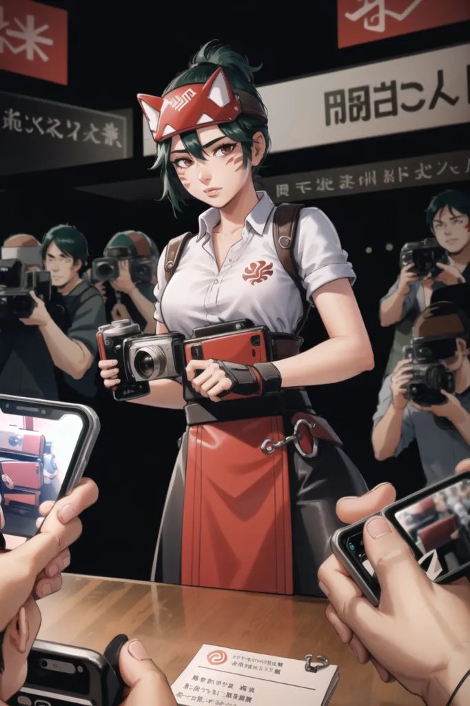 The image shows a young woman with green hair and fox ears wearing a white shirt and red apron. She is standing in front of a counter with a camera in her hands, and there are several people behind the counter taking pictures of her with their phones. The background is a restaurant with Japanese writing on the walls.