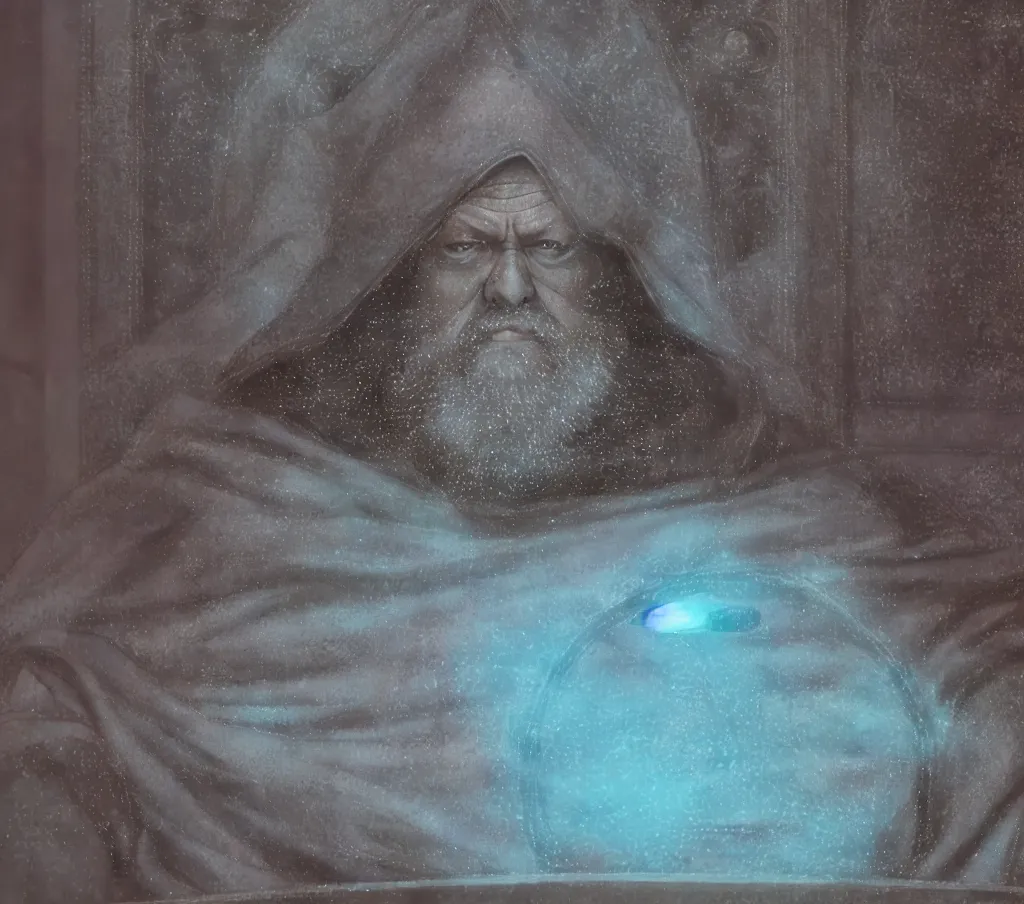 The image is of a man in a dark robe with a white beard. He is sitting in a dark room and there is a glowing blue orb in front of him. The man has his hands clasped together on his lap and he is looking at the orb. He has a look of concentration on his face.