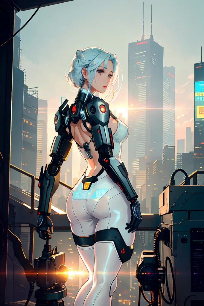 The picture shows a female character with white hair and blue eyes. She is wearing a white and gray bodysuit with a lot of technological details. She is standing on a rooftop with a futuristic city in the background. There are a number of machines and electronic devices around her.