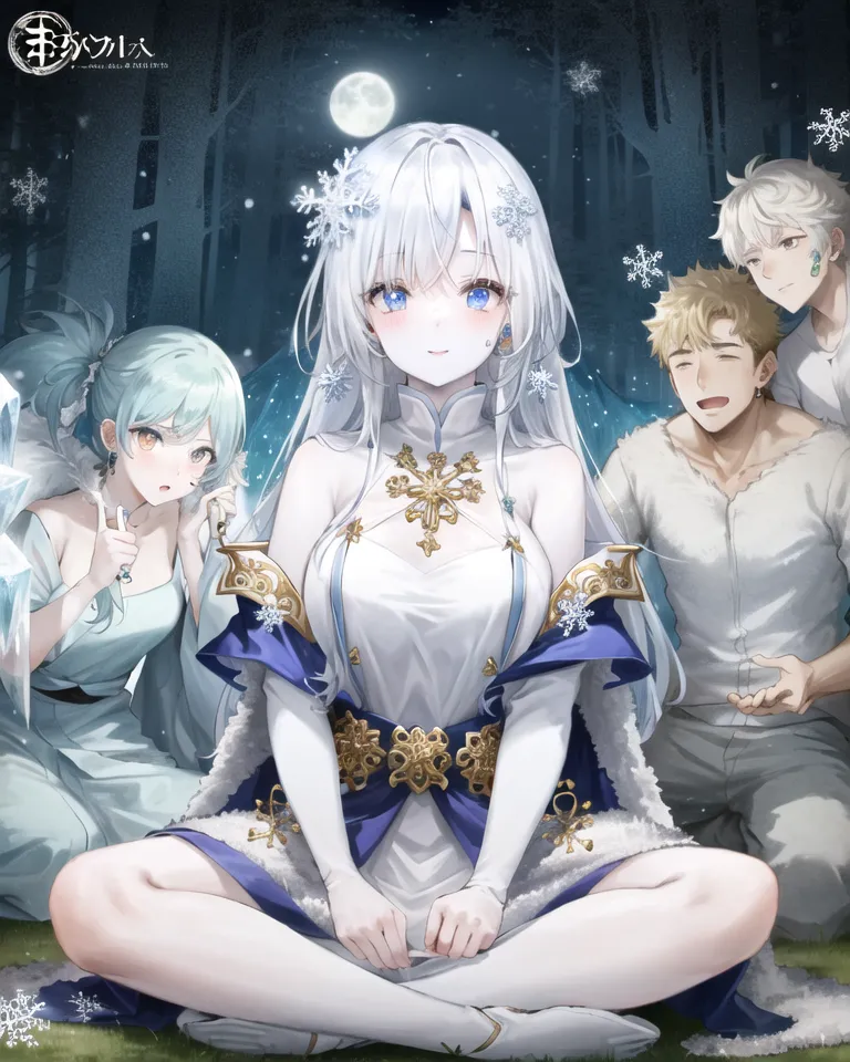 This image is an anime-style illustration of four people in a snowy forest. There are three women and one man. The women are all wearing white dresses, while the man is wearing a brown coat. The women have long hair, and the man has short hair. The woman in the center is smiling, while the other two women are looking at her. The man is looking at the woman in the center. There is a full moon in the background.