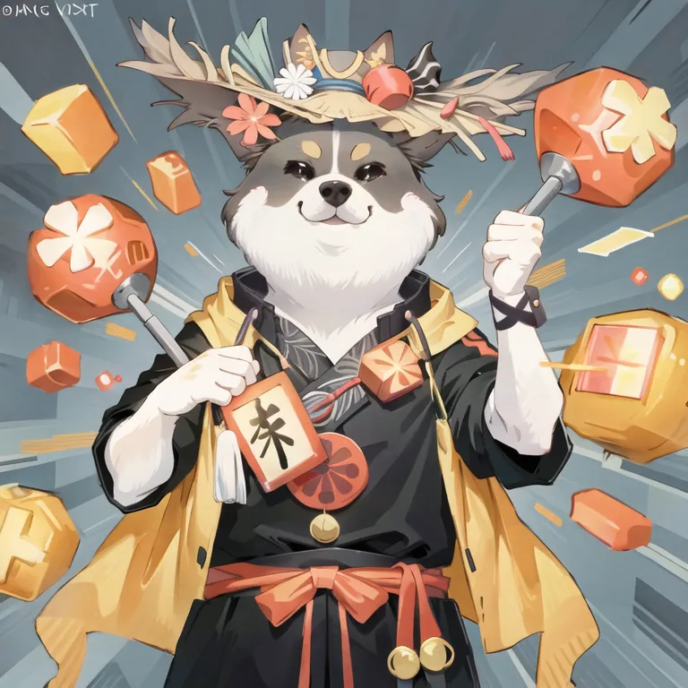 L'image montre un personnage de chien de dessin animé. Il porte un chapeau de paille avec des fleurs et un costume noir et jaune. Le chien tient également deux marteaux. L'arrière-plan est un flou de couleurs jaunes et oranges.