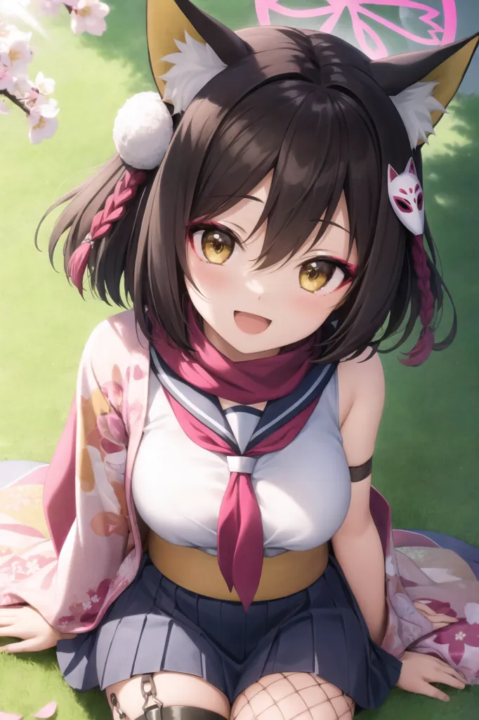 The image is of an anime girl with brown hair and yellow eyes. She is wearing a white shirt, a pink scarf, and a gray skirt. She also has a fox mask on her head and a fox tail. She is sitting on the ground and there are cherry blossoms falling around her.