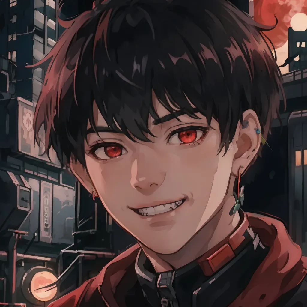 This is an illustration of a young man with short black hair and red eyes. He is wearing a red jacket and has a small smile on his face. The background is a blurred cityscape at night.