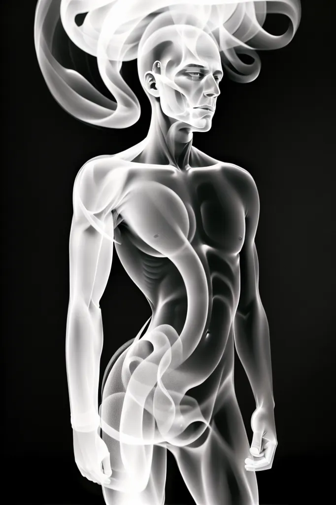 The image is a black-and-white depiction of a man with smoke-like hair and a muscular build. The man is turned slightly to the left, his face is expressionless, and his eyes are closed. His hair is made up of swirling smoke-like tendrils that extend upwards from his head. He has a muscular build with well-defined chest and abdominal muscles. The man's skin is smooth and flawless. The background is black, which makes the man's figure stand out.