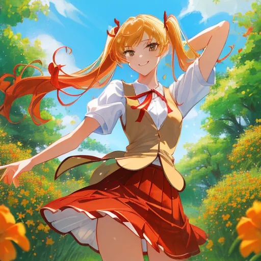 This is an image of a young girl with long orange hair and orange eyes. She is wearing a white blouse, a brown vest, and a red skirt. She is standing in a field of yellow flowers and has a happy expression on her face. The background is a green meadow with trees and a blue sky.