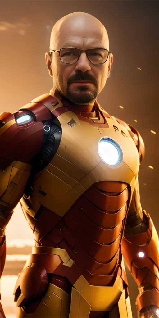 The image shows a bald man with a beard and glasses wearing an Iron Man suit. The suit is red and gold, and the man's face is visible through the helmet. The man is standing in a desert landscape, and there are mountains in the background.