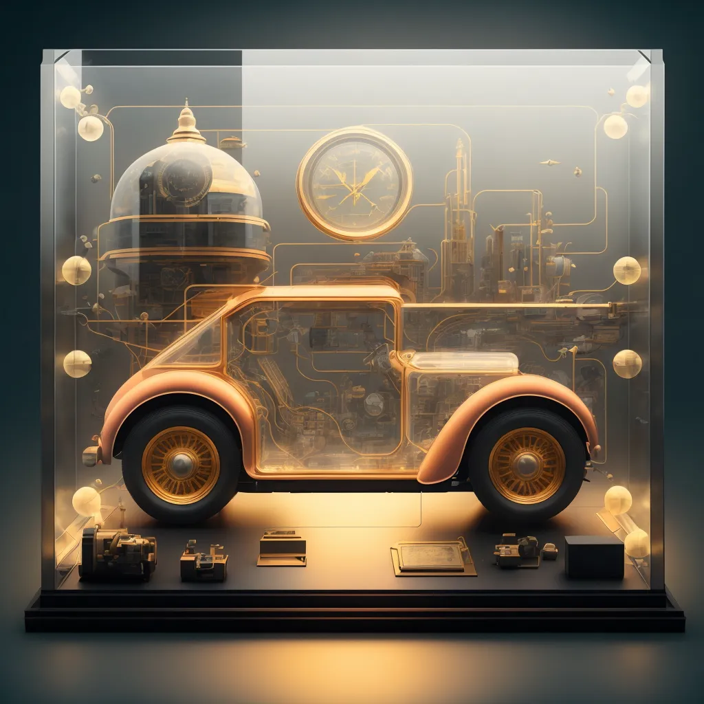 The image is of a vintage car made of glass and metal displayed in a glass case. The car is pink and has a cream-colored interior. There is a clock and other steampunk-style gadgets on the back wall of the case, and various steampunk accessories are displayed on the bottom of the case. The case is lit by a spotlight, and the car is reflected in the glass.