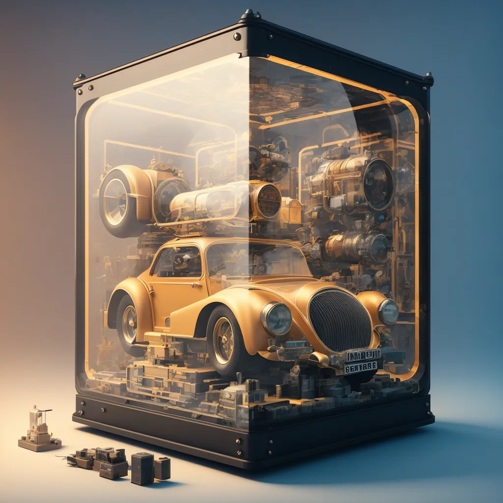 L'image est un rendu 3D d'une voiture à l'intérieur d'une boîte en verre. La voiture est un modèle classique avec une finition dorée. La boîte est en métal noir et a un couvercle en verre. La voiture est posée sur une plateforme à l'intérieur de la boîte, et il y a plusieurs accessoires et gadgets de style steampunk sur la plateforme à côté d'elle. Il y a un petit panneau de commande à l'extérieur de la boîte. L'image est rendue dans un style réaliste et l'éclairage est doux et diffus.