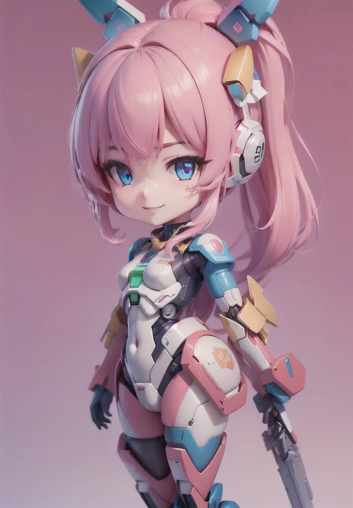 The image is a 3D model of a chibi anime girl. She has pink hair and blue eyes, and is wearing a white and pink bodysuit with a yellow belt. She is also wearing a pair of headphones and a backpack. The girl is standing in a pink background, and she is looking at the viewer with a smile on her face.