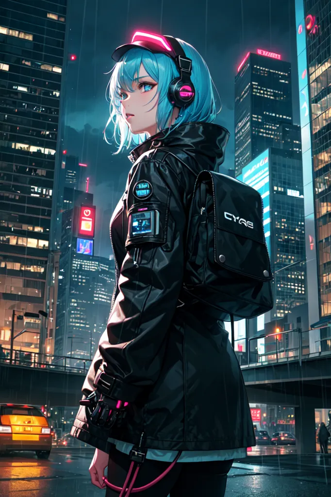 The image is a portrait of a young woman standing in a rainy city street. She is wearing a black jacket with a hood, a blue cap, and headphones. She has short blue hair and blue eyes. She is carrying a backpack and there is a cityscape in the background.