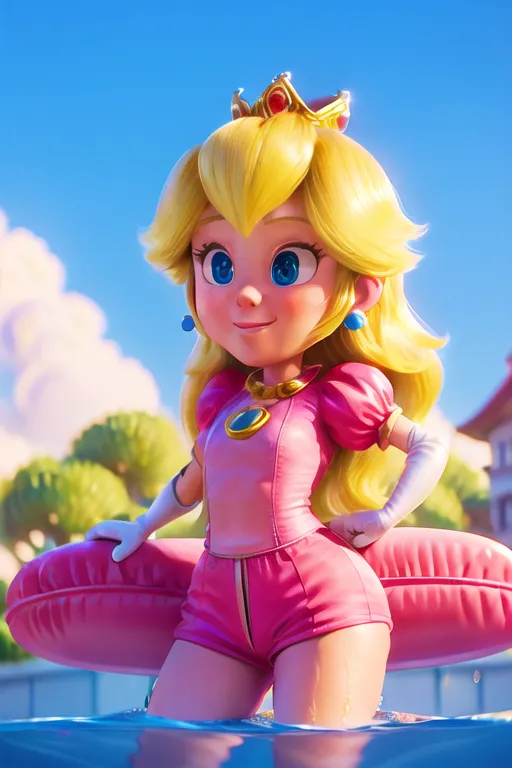 The image shows Princess Peach from the Super Mario series. She is wearing a pink swimsuit with a white collar and a blue gem in the center. She also has a yellow crown on her head and blue earrings. She is standing in a swimming pool, with her left hand on her hip and her right hand holding a pink inflatable ring. She is looking at the viewer with a smile on her face. The background is a blue sky with white clouds and a building in the distance.