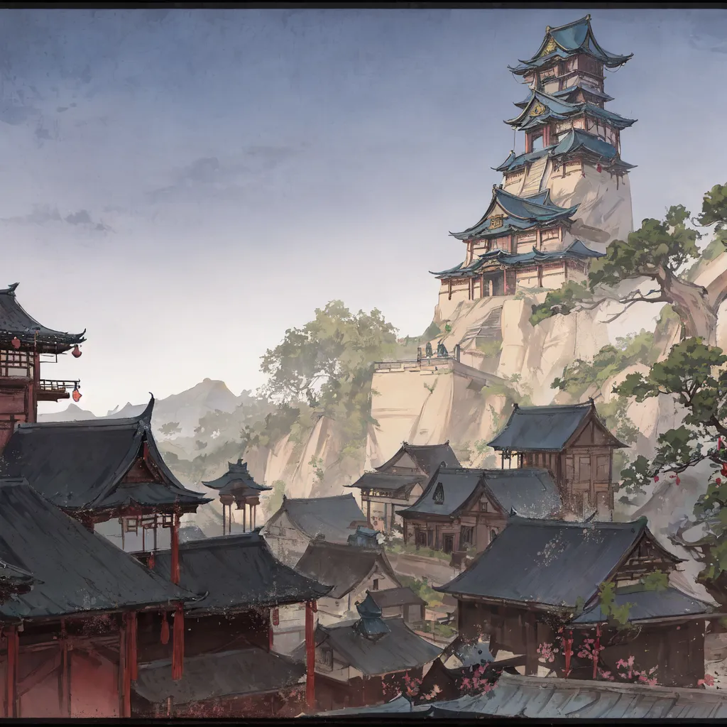 A imagem está em um estilo tradicional chinês. O fundo é uma cordilheira, com um grande templo ou palácio no topo da montanha. O templo é cercado por árvores e tem um grande portão na frente. No primeiro plano há uma cidade, com muitas casas e lojas. As casas são todas de madeira e têm telhados de telhas pretas. As ruas são estreitas e sinuosas. Há muitas pessoas andando pela cidade e também alguns animais, como cães e gatos. A imagem é muito pacífica e