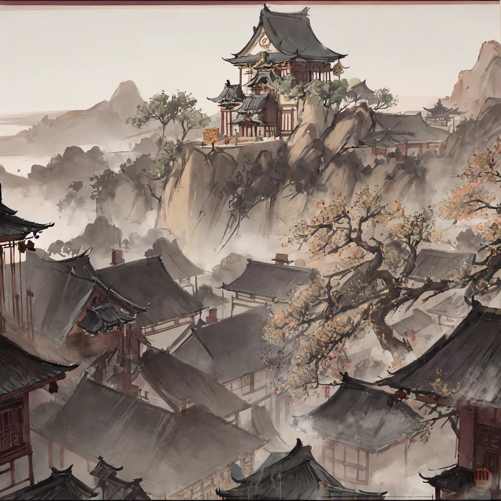 The image is in a traditional Chinese style. It depicts a mountain village with a large temple or palace on top of a hill. The village is surrounded by mountains and trees. There is a large tree in the foreground with pink blossoms. The painting is done in muted colors and has a dreamlike quality.