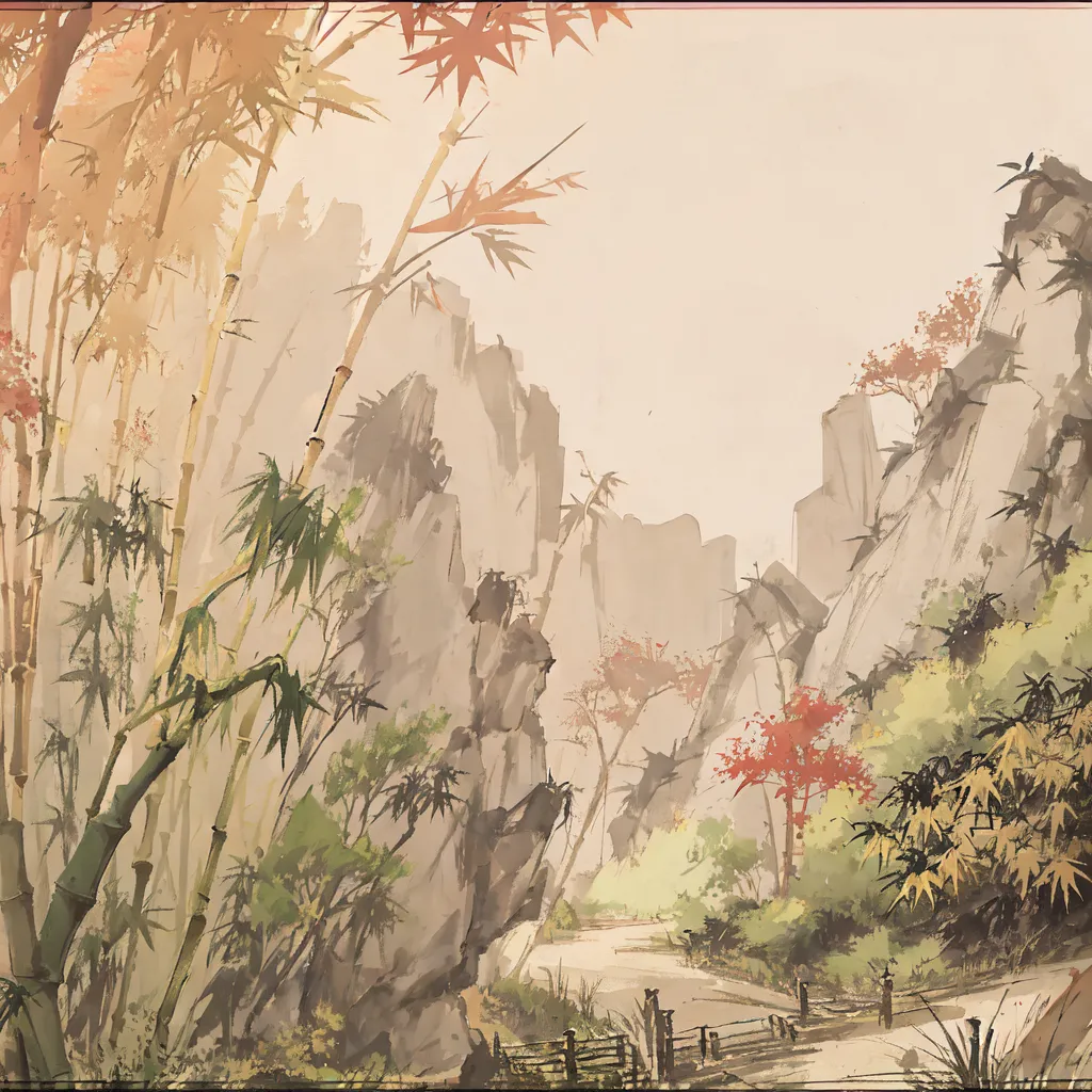 The image is a Chinese painting of a mountain landscape. It is done in a realistic style, with fine detail and shading. The colors are muted and natural.

The painting depicts a path winding through a valley between two mountains. The mountains are covered in trees and shrubs. The path is lined with bamboo plants. There is a fence on one side of the path.

The painting is very peaceful and serene. It captures the beauty of the natural world.