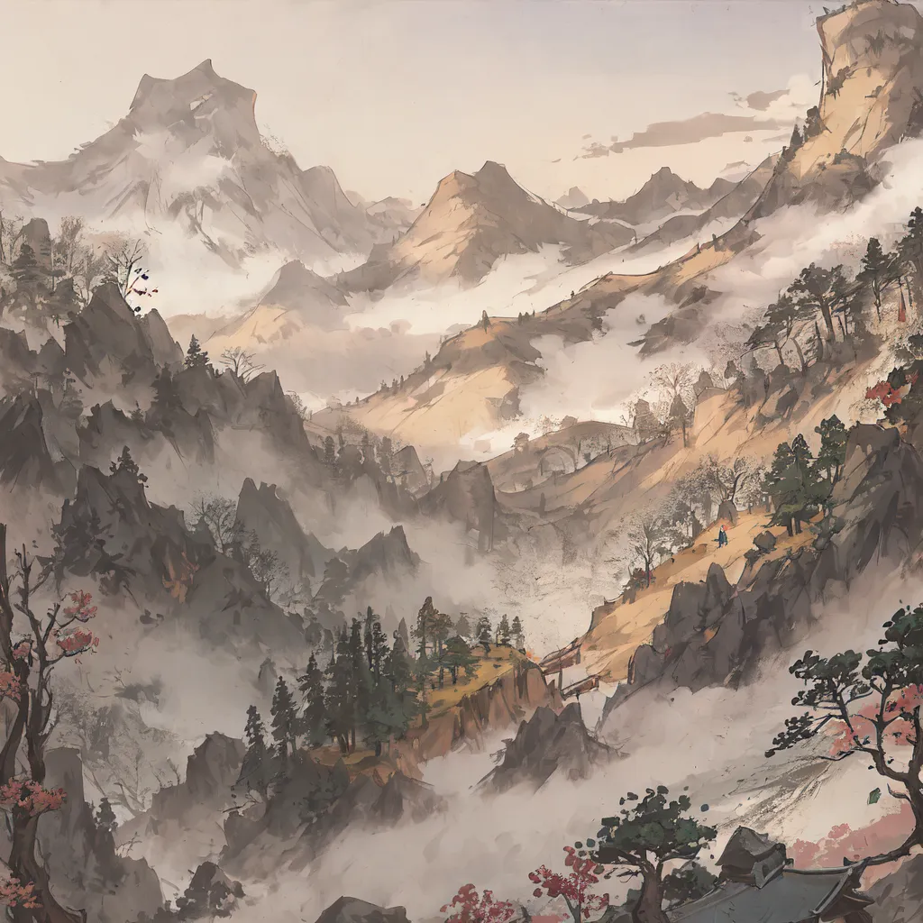 L'image est une peinture de paysage chinoise. Elle représente un paysage montagneux avec une rivière sinueuse et un petit pont. Les montagnes sont enveloppées de brume et les arbres sont dénudés. Il y a un temple au sommet d'une des montagnes. La peinture est réalisée dans un style réaliste et les couleurs sont atténuées.