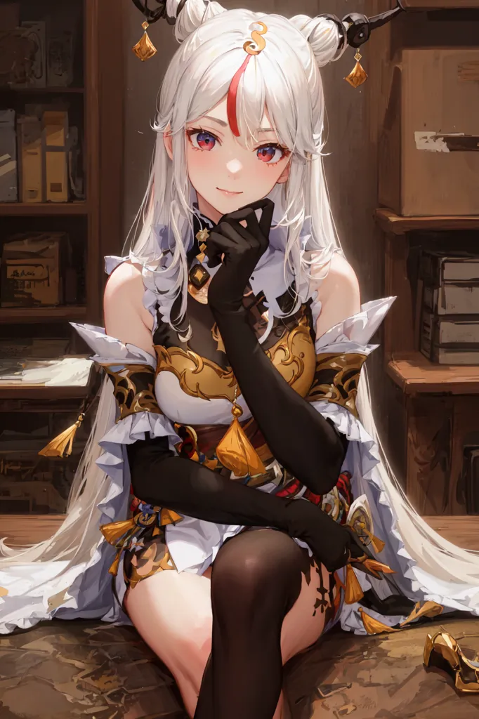 The image is of a beautiful anime girl with long white hair and red eyes. She is wearing a white and gold dress with a black choker and black gloves. She is sitting in a library, surrounded by books and scrolls. She has a thoughtful expression on her face, and she seems to be lost in thought. The image is very detailed, and the artist has clearly put a lot of effort into creating it.