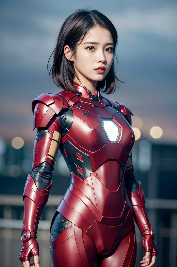 The image depicts a young woman standing on a rooftop. She is wearing a red and gold Iron Man suit. The suit has a heart-shaped reactor on the chest. The woman has short black hair and brown eyes. She is looking at the viewer with a serious expression. The background is blurred, with a few out of focus lights in the distance.