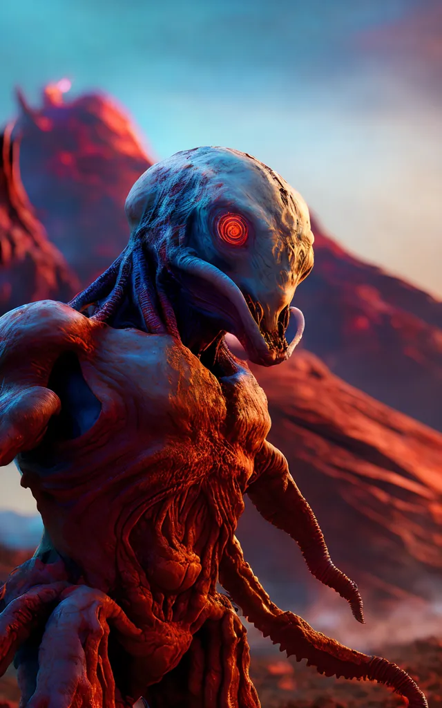 The image shows a creature that looks like an alien. It has a large head with a single red eye in the middle of its forehead. It also has a mouth with sharp teeth. Its body is covered in red and blue scales. The creature is standing on a rocky planet with a red sky. There are mountains in the background.