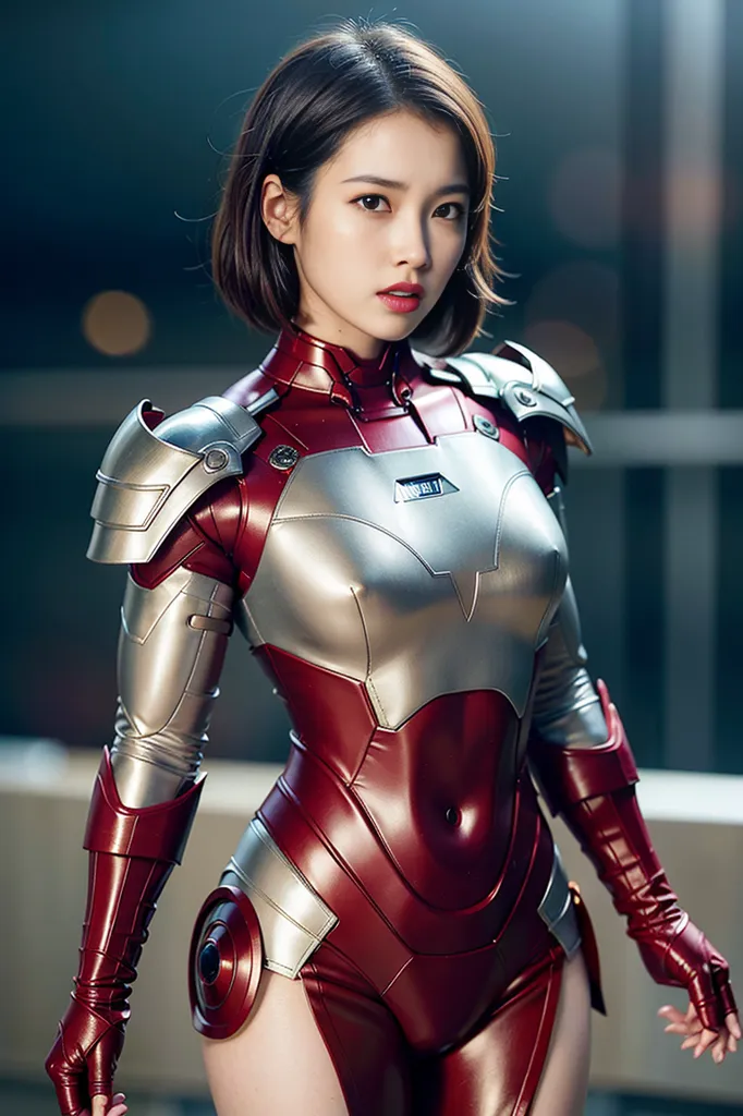 The image shows a young woman standing in a dark room. She is wearing a red and silver armored suit. The suit has a metallic sheen and is form-fitting. The woman has short brown hair and brown eyes. She is looking at the viewer with a serious expression.