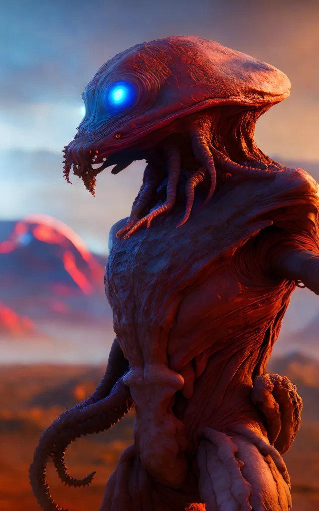 The image shows a tall, muscular alien standing on a rocky moon or planetary landscape. The alien has red skin and a large, bulbous head with blue eyes. It is wearing a black suit with a high collar. The alien is looking down at the ground. The background of the image is a barren landscape with mountains in the distance. The sky is dark and there are two moons in the sky.