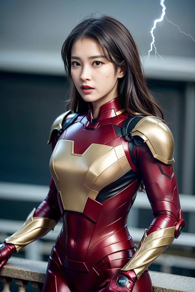 The image shows a young woman standing in front of a gray background. She is wearing a red and gold Iron Man suit. The suit has a heart-shaped piece in the center of the chest. She has long dark hair and brown eyes. There is a lightning bolt in the background on the right side of the image.