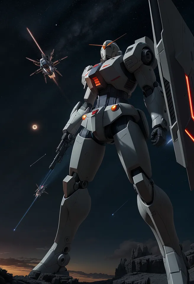 The image is a painting of a giant robot standing on a rocky surface. The robot is white and gray with a V-shaped head and a large shield on its left arm. It is holding a gun in its right hand. In the background, there are two small spaceships flying towards the robot. The sky is dark and there are stars and a moon in the background.