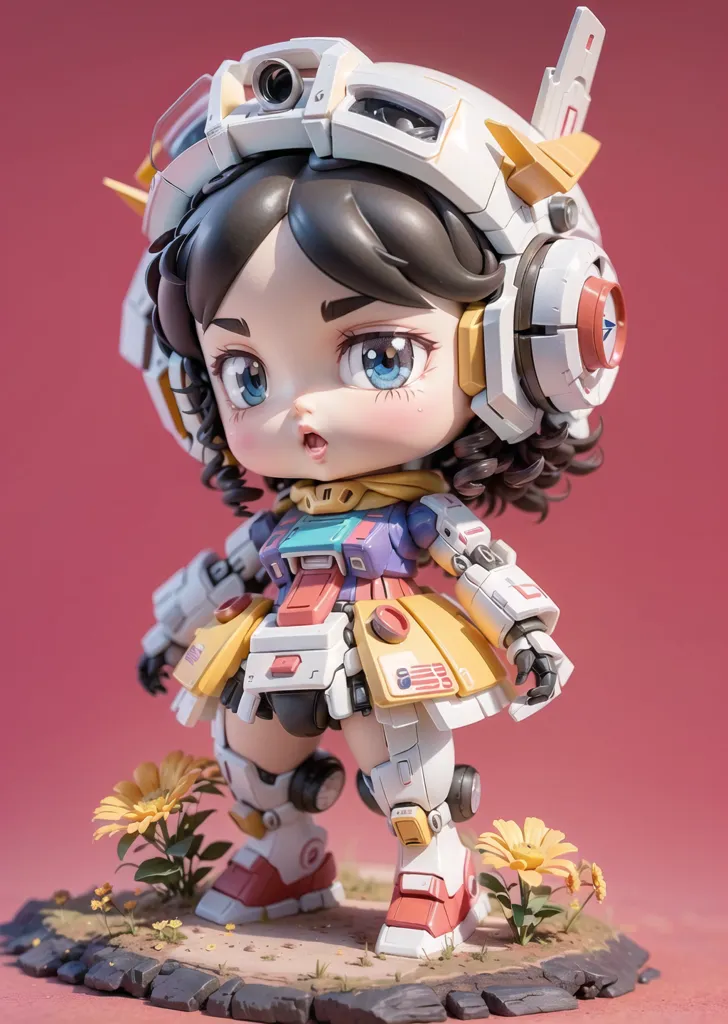 This image shows a 3D rendering of a chibi-style mecha girl. She has brown hair, blue eyes, and is wearing a yellow and white mech suit. She is standing on a rocky surface with yellow flowers. The background is pink.