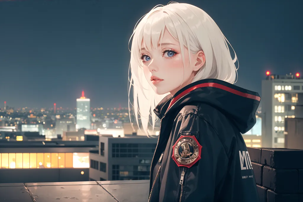 The image is a portrait of a young woman with white hair and blue eyes. She is wearing a black jacket with red stripes and a badge on the left side of her chest. The background is a cityscape at night. The woman is standing on a rooftop, looking out over the city. The city is full of tall buildings and lights. The sky is dark and there are stars in the sky. The woman is alone on the rooftop. She is looking out over the city, thinking about something.