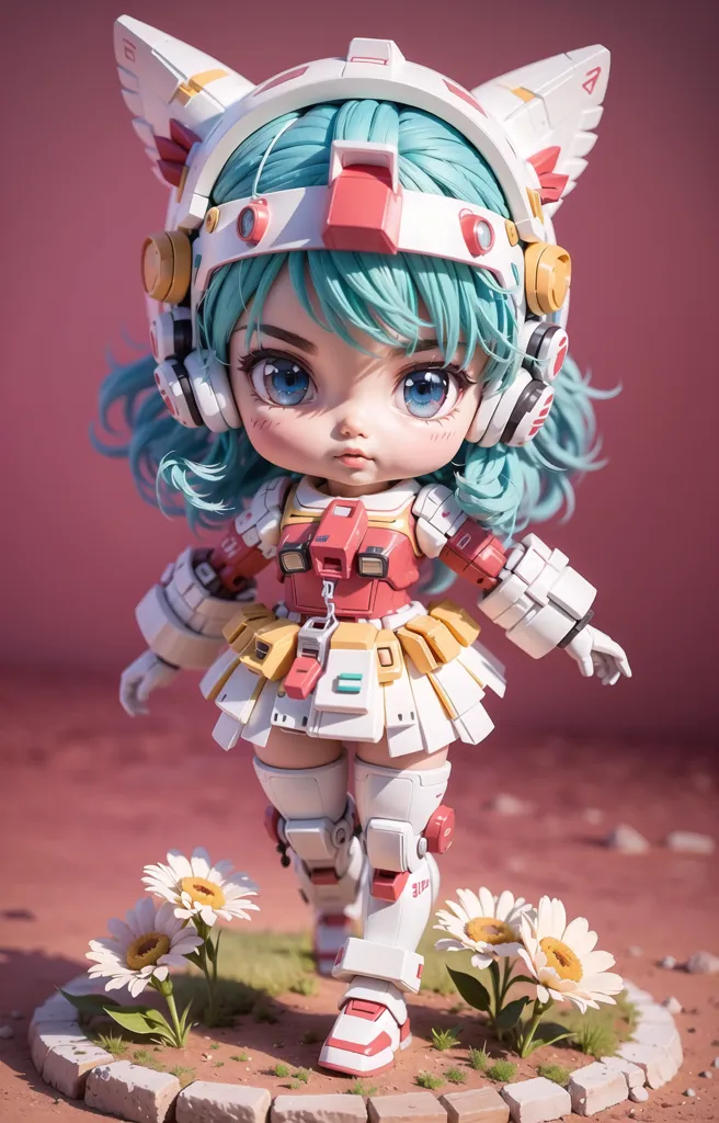 The image shows an anime-style illustration of a chibi girl with cat ears and blue hair. She is wearing a white and red mech suit and is standing in a field of white and yellow flowers. The background is a gradient of pink and orange.