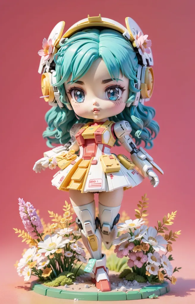 L'image montre une fille de style anime aux longs cheveux verts et aux yeux bleus. Elle porte une robe jaune et blanche avec un nœud rose. Elle a également un casque sur la tête et des fleurs dans les cheveux. Elle se tient dans un champ de fleurs et il y a un fond rose derrière elle.