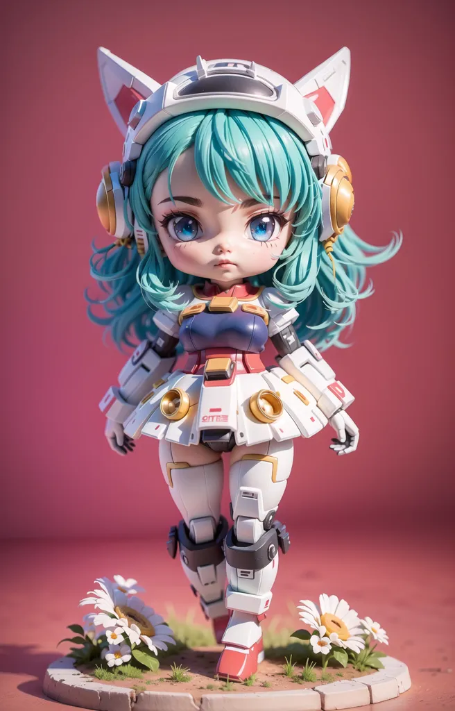 Ini adalah gambar robot gadis bergaya anime. Dia memiliki rambut hijau dan mata biru, serta mengenakan baju ketat putih dan merah muda dengan rok dan pelindung kaki. Dia juga memiliki telinga dan ekor kucing, dan berdiri di atas rumput dengan beberapa bunga. Latar belakangnya berwarna merah muda dan gambar ini dibuat dalam gaya 3D.