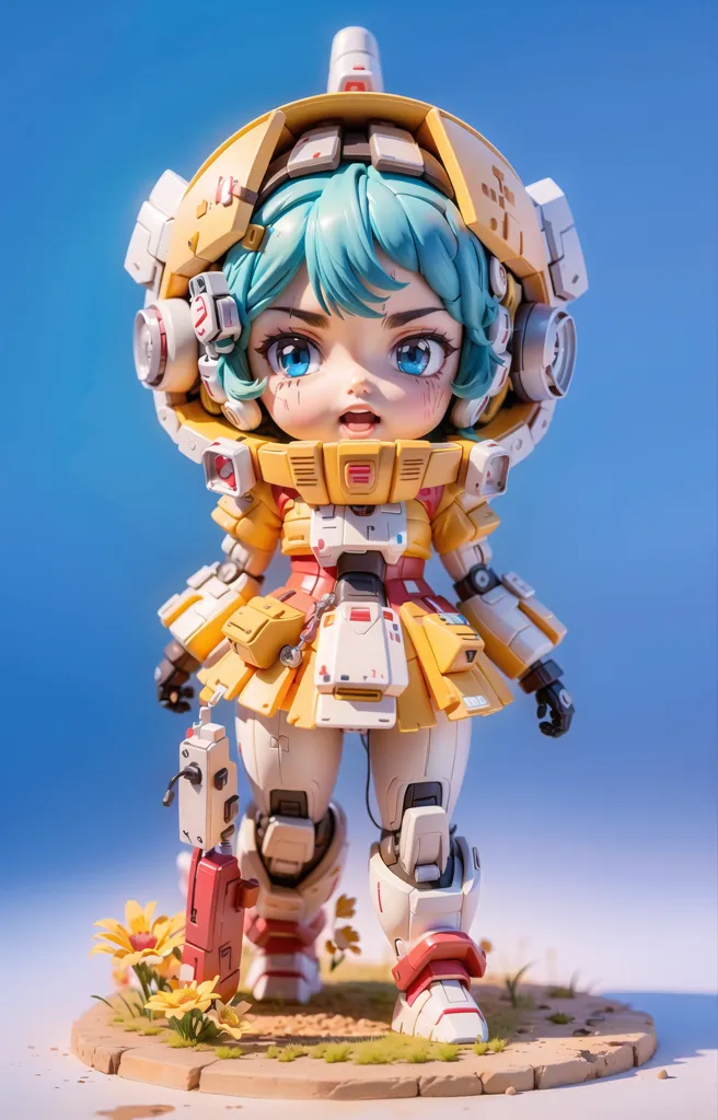 Esta es una imagen de una pequeña robot niña de juguete. Tiene el cabello azul-verde y ojos grandes y azules. Lleva un traje mecánico amarillo y blanco con un traje interior rojo. Está de pie sobre un pequeño parche de tierra con flores amarillas. El fondo es un cielo azul.