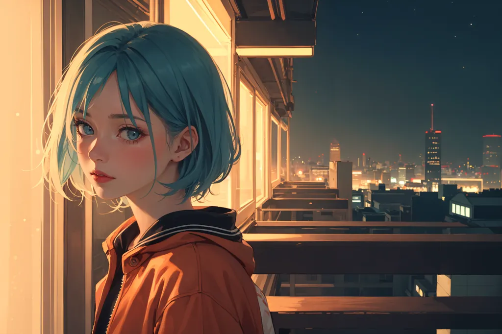 The image is a painting of a young woman with short blue hair and blue eyes. She is wearing an orange jacket and is standing on a balcony. There is a cityscape in the background. The woman is looking at the city with a pensive expression on her face. The painting is done in a realistic style and the colors are vibrant and lifelike.