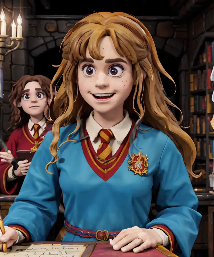 Hermione Granger is a fictional character in the Harry Potter series written by J. K. Rowling. She is a close friend of Harry Potter and Ron Weasley. Hermione is a Muggle-born witch, meaning she was born to non-magical parents. She is highly intelligent and resourceful, and she often uses her knowledge to help her friends. In this image, Hermione is sitting at a desk in the library, reading a book. She is wearing her Hogwarts uniform, which consists of a blue sweater vest, a white shirt, and a red and gold tie. She has her wand in her hand, and she is looking up from her book with a smile on her face.