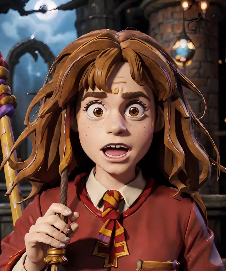 The image shows a young girl with brown hair and brown eyes. She is wearing a red and yellow striped tie and a brown sweater vest. The girl is holding a magic wand in her right hand and has her left hand raised in the air. She has a surprised expression on her face. The background is a blurred image of a castle.