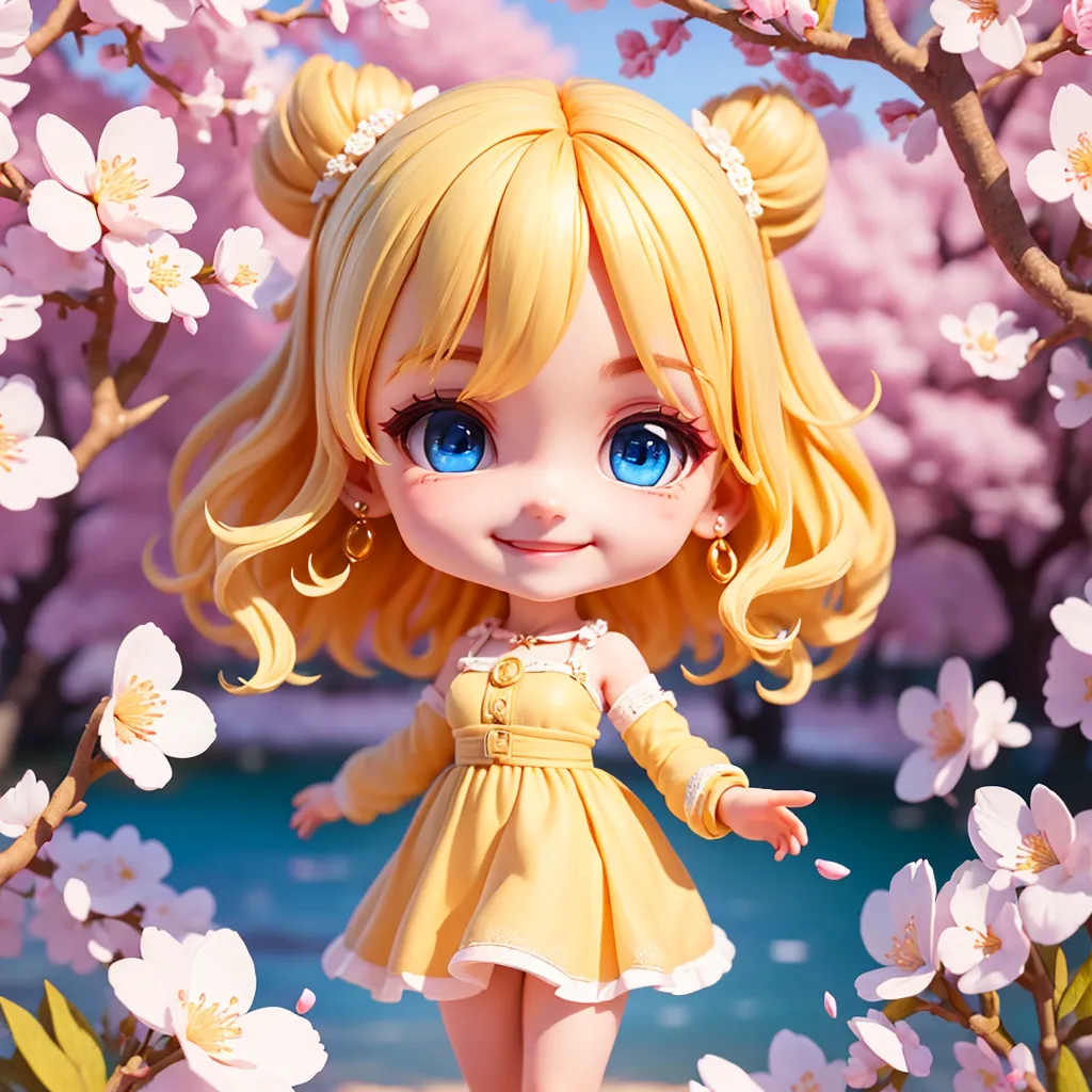 A imagem é de uma menina chibi com cabelos loiros longos e olhos azuis. Ela está usando um vestido amarelo com um colarinho branco e tem uma flor no cabelo. Ela está em pé em um campo de cerejeiras e há um rio ao fundo. A menina está sorrindo e com os braços esticados.