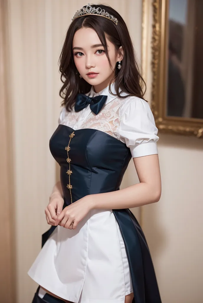 The image shows a young woman with long dark hair. She is wearing a white blouse with a blue corset-style top and a white bow tie. The bottom of the dress is white. She is also wearing a gold tiara and pearl earrings. She is standing in front of a gold-framed mirror.