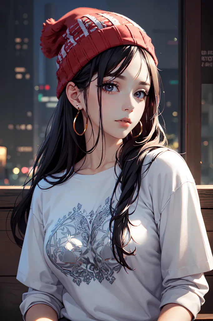 The image is a portrait of a young woman with long black hair and blue eyes. She is wearing a red beanie hat and a white t-shirt with a gray floral design on the front. She is sitting in front of a window, and the city lights are reflected in her eyes. The image is peaceful and serene, and the woman seems to be lost in thought.