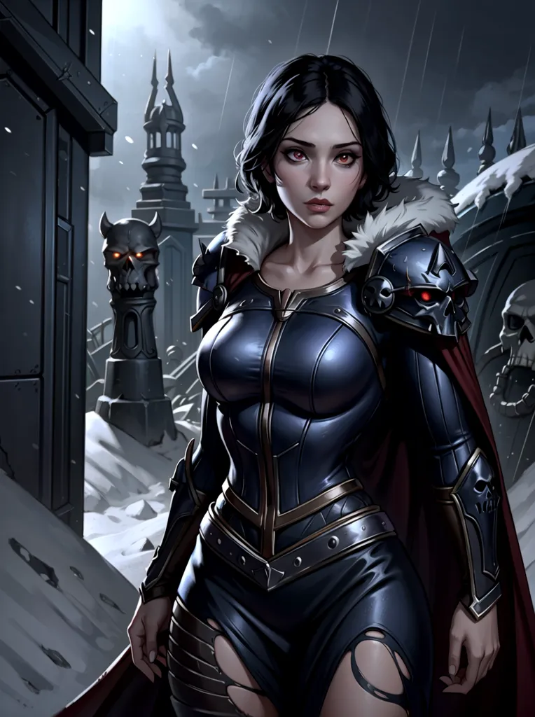 The picture shows a woman in fantasy armor. She is standing in a snowy cemetery. She is wearing a dark blue and gray outfit. The outfit is made of leather and metal. She is also wearing a fur cape. The woman has long black hair and red eyes. She is carrying a sword and a shield. The sword is made of metal and has a red gem in the hilt. The shield is made of wood and has a metal rim. The woman is standing in a confident pose. She is looking at the viewer with a determined expression.