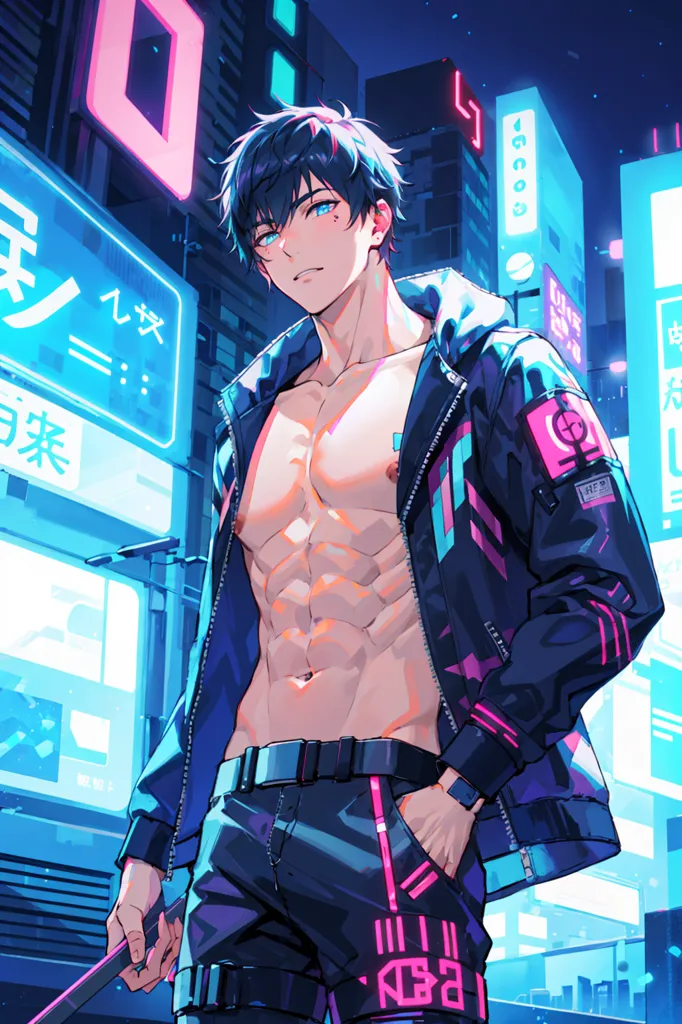 The image is of a young man standing in a futuristic city. He is wearing a black jacket with blue and pink highlights and black pants. His shirt is unzipped, showing off his abs. He has blue hair and blue eyes. He is also wearing a black glove on his right hand. The city is full of bright lights and tall buildings. The man is standing on a rooftop, looking down at the city. He has a confident expression on his face.