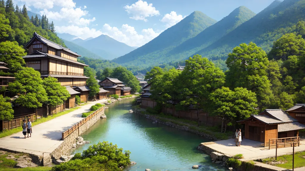 The image shows a traditional Japanese village with a river running through it. The village is surrounded by lush green mountains and the sky is a clear blue with fluffy white clouds. The village is made up of traditional wooden houses with tiled roofs. There are a few people walking around in the village and there are trees and plants lining the river. The overall atmosphere of the image is peaceful and serene.