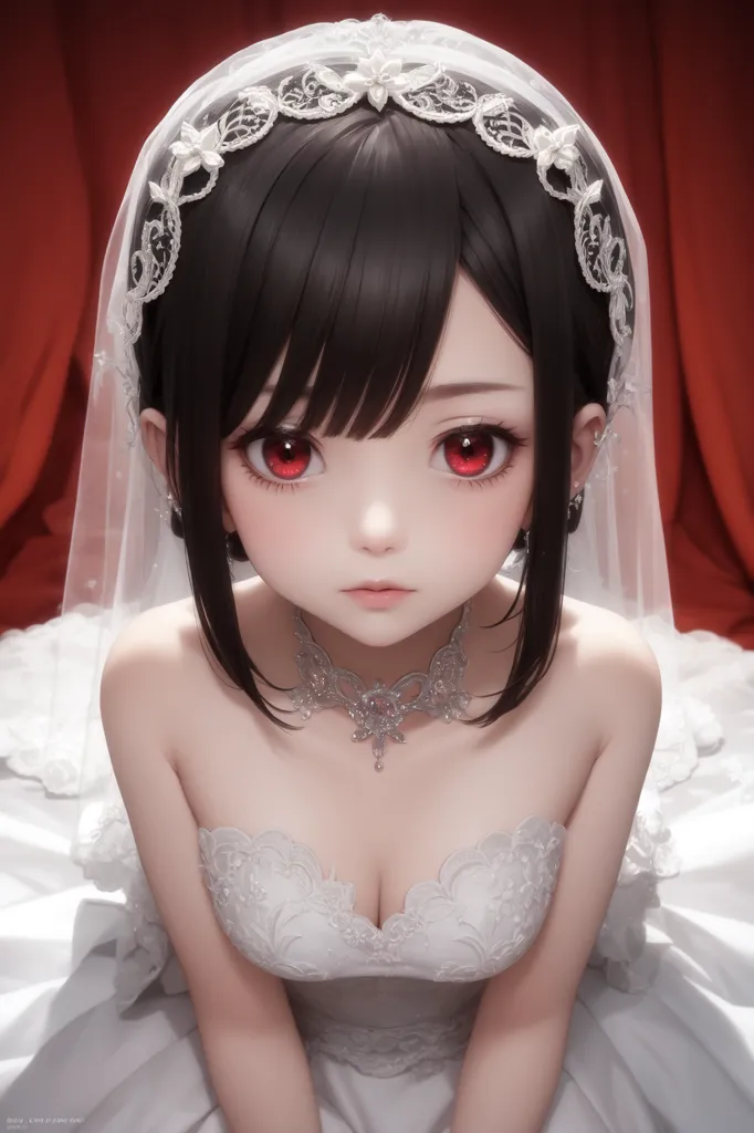 The image shows a young woman with long black hair and red eyes. She is wearing a white wedding dress with a sweetheart neckline and a long veil. She is also wearing a necklace and earrings. Her hair is styled in a half-up, half-down style with a few loose strands framing her face. Her expression is serious and slightly melancholic. The background is a red curtain.