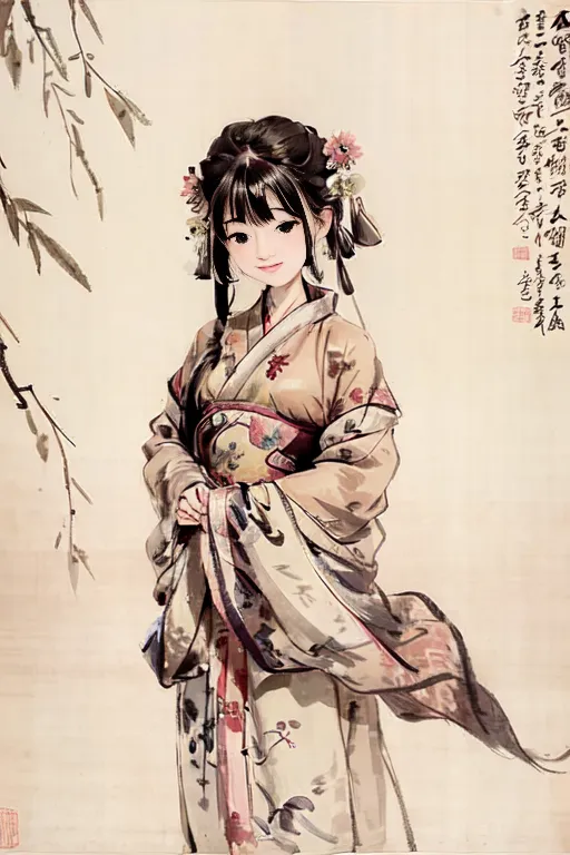 L'image est une peinture d'une jeune femme vêtue d'une robe traditionnelle chinoise. Elle se tient debout devant un saule pleureur et a un sourire doux sur le visage. La peinture est réalisée dans un style réaliste et les couleurs sont atténuées et discrètes. La femme porte une robe rose et blanche avec un motif floral et ses cheveux sont relevés en chignon. Elle tient un éventail dans sa main droite. L'arrière-plan est d'un jaune pâle et il y a un poème écrit en calligraphie chinoise sur le côté droit de la peinture.