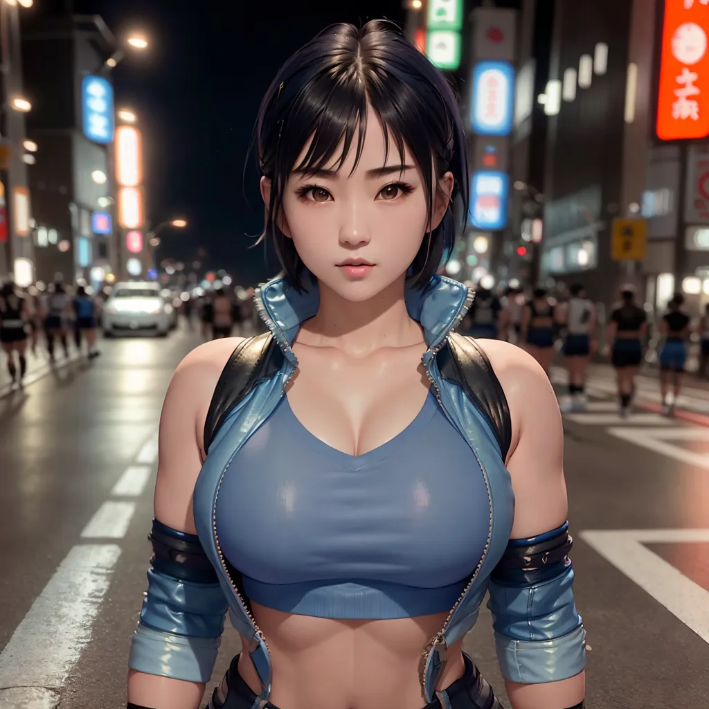 The image shows a young woman, probably in her early 20s, with short black hair and brown eyes. She is wearing a blue sports bra and a black leather jacket. She is standing in the middle of a busy street with cars and people passing by. The background is blurred with city lights. The woman has a confident expression on her face and looks like she is ready to take on the world.