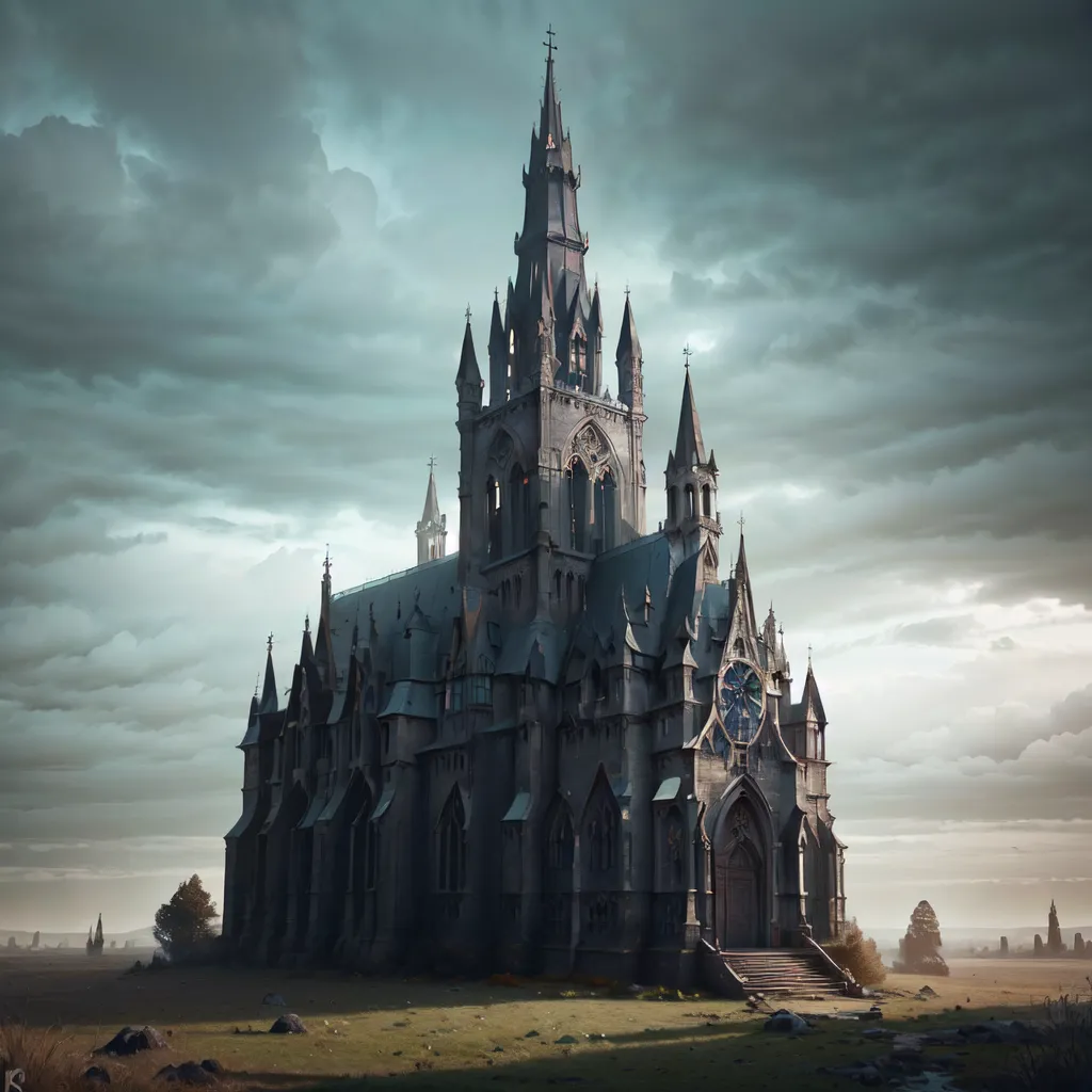 The image is of a large, Gothic-style cathedral. It is made of gray stone and has a large, pointed steeple. The windows are stained glass, and there is a large door at the front of the cathedral. The sky is dark and stormy, and the cathedral is surrounded by trees.