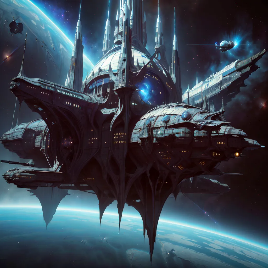 The image is a depiction of a large spaceship. The ship is dark in color and has a sleek design. It is surrounded by several smaller ships, which are likely escorts or fighters. In the background, there is a planet. The planet is blue and white, and it is surrounded by a ring of debris. The image is set in space, and there are stars in the background.