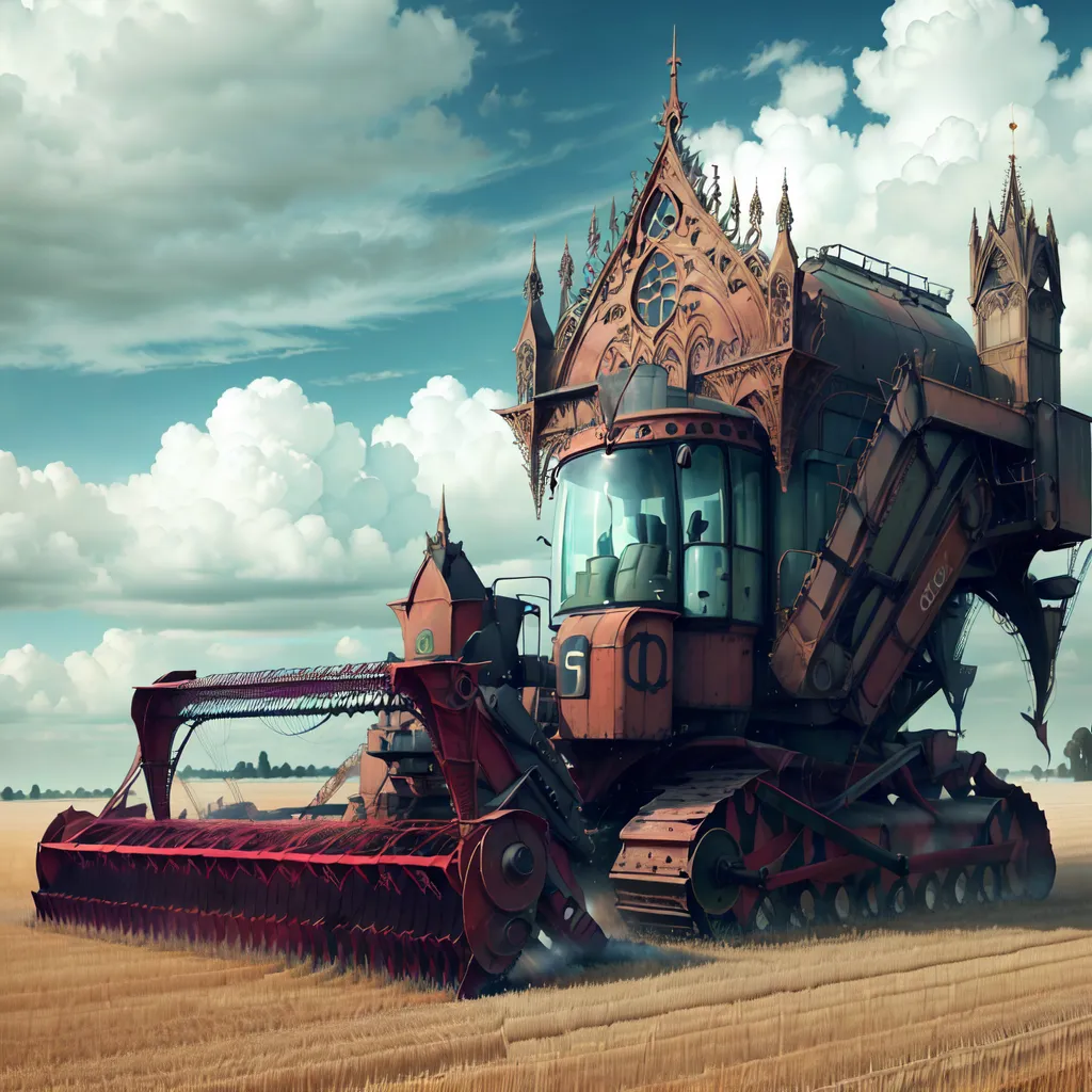 The image shows a steampunk combine harvester. It is a large, complex machine with a gothic cathedral-like design. It has a large, round body with a cab at the front. The cab is surrounded by windows and has a large steering wheel. The body of the combine harvester is decorated with rivets and other metal details. The combine harvester is also equipped with a large, rotating blade at the front. The blade is used to cut the crops that are being harvested. The combine harvester is moving through a field of wheat. The wheat is tall and golden, and it is ready to be harvested. The combine harvester is leaving a trail of cut wheat behind it. The sky is blue and there are some clouds in t